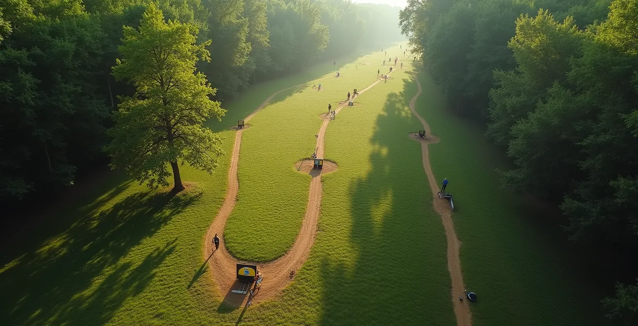 Vue aérienne d'un parcours de tir campagne avec archers à différentes étapes