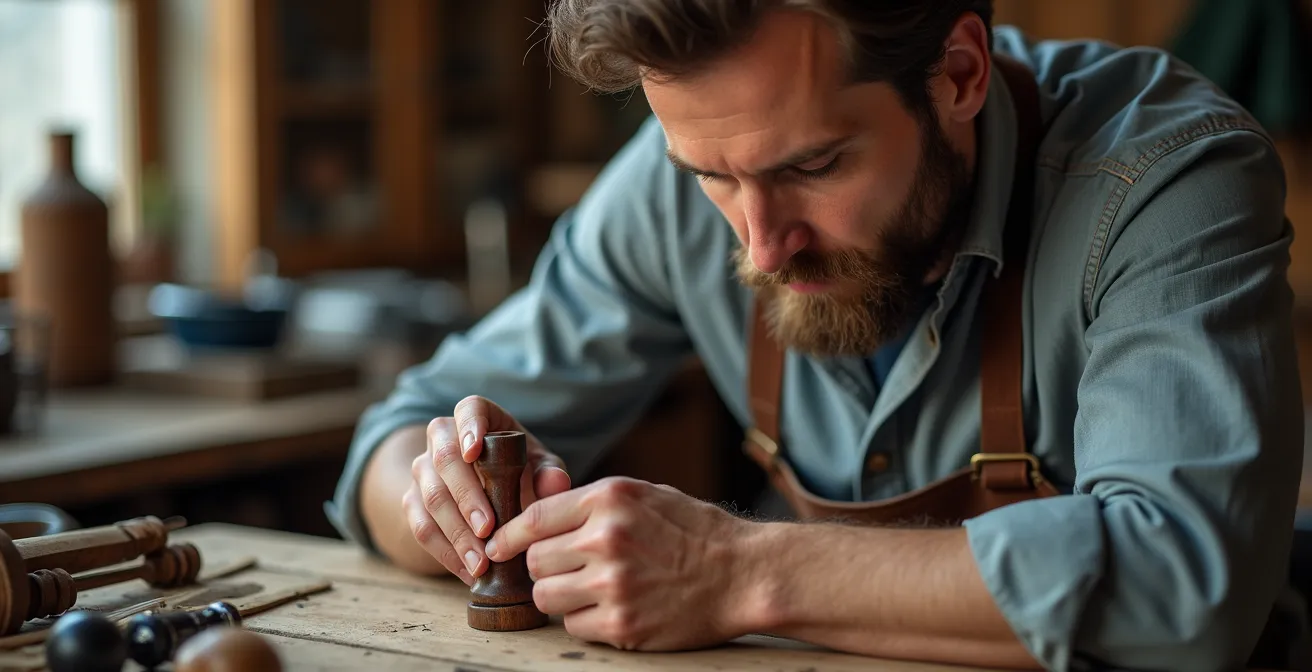 Mains d'un artisan ajustant un grip en bois précieux sur une poignée d'arc take down.