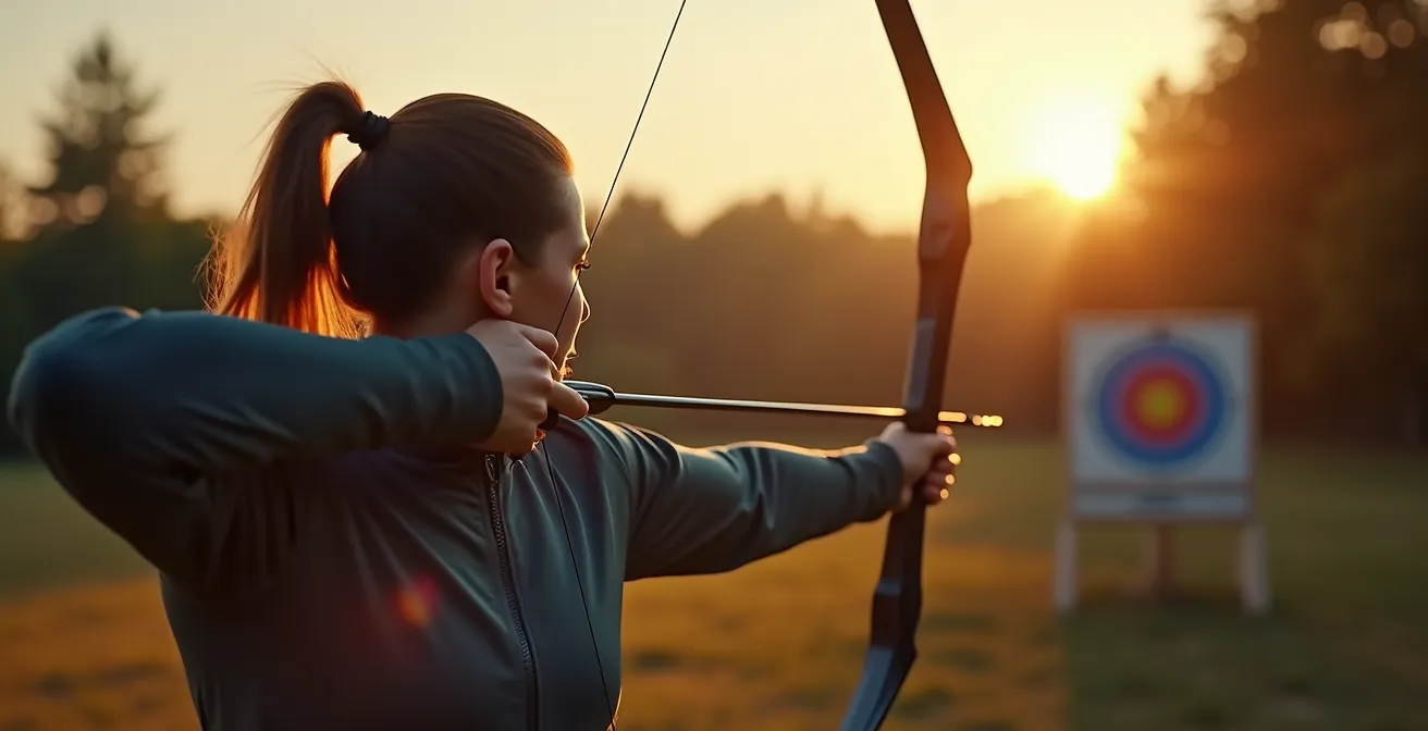 Archer en position de tir avec plastron bien ajusté lors d'une compétition extérieure