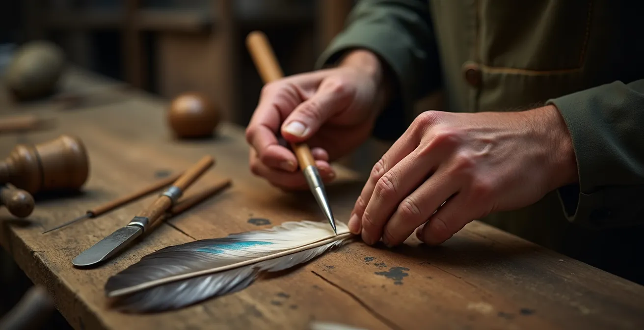 Gros plan sur des plumes d'oie naturelles préparées pour l'empennage de flèches