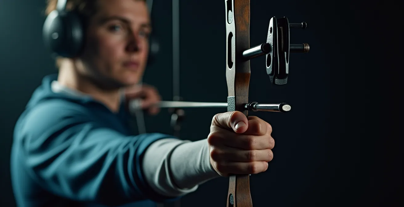 Archer olympique en phase de préparation mentale, yeux fermés, casque antibruit sur les oreilles, dans un moment de concentration absolue