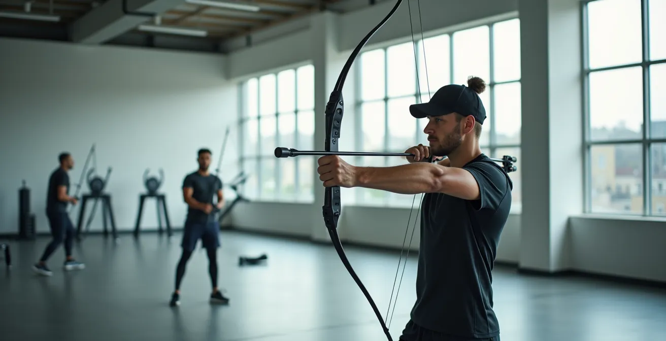 Archer effectuant des exercices de renforcement musculaire spécifiques avec des élastiques dans une salle de sport moderne.
