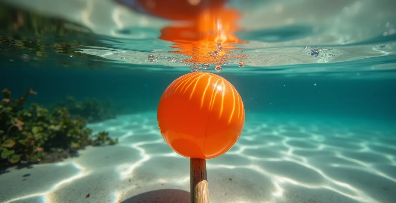 Schéma de réfraction montrant la différence entre position réelle et apparente du poisson