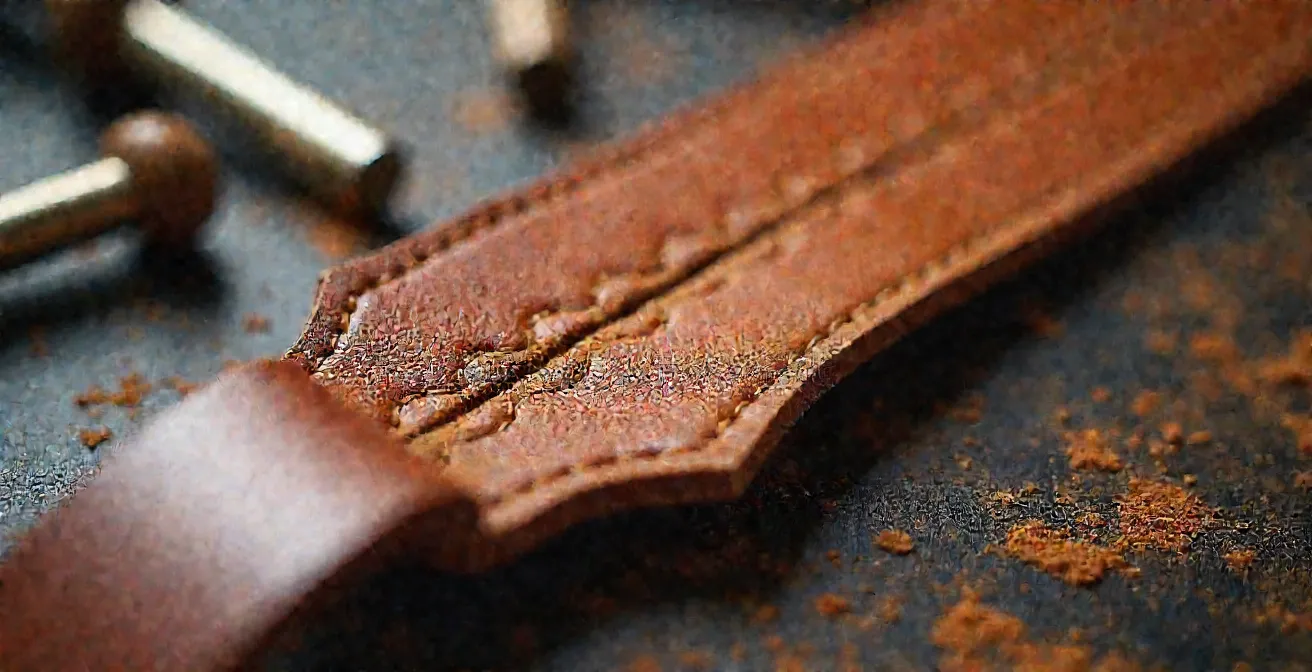 Vue macro du cuir d'une palette en cours de rodage avec traces visibles de la corde