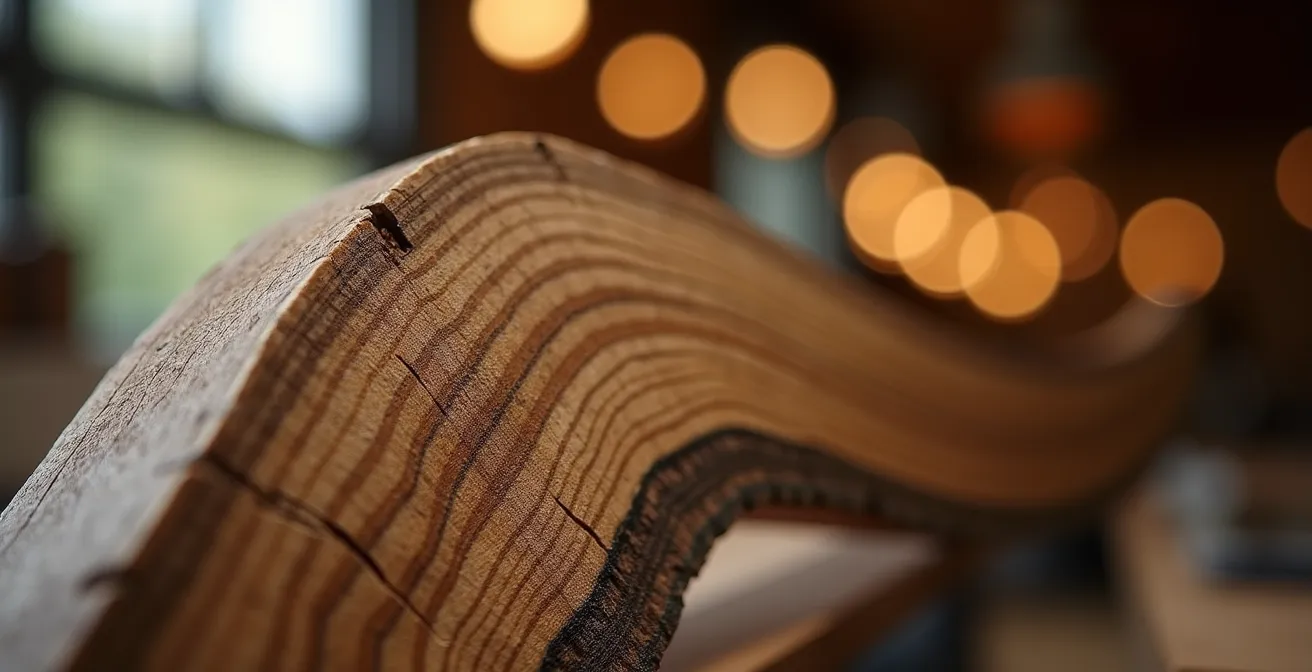 Vue macro de la section en D d'un longbow montrant l'aubier et le duramen de l'if