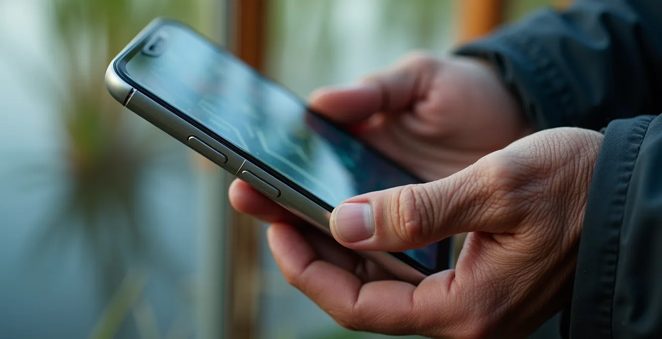 Main tenant un smartphone montrant une carte de pêche dématérialisée dans un environnement naturel