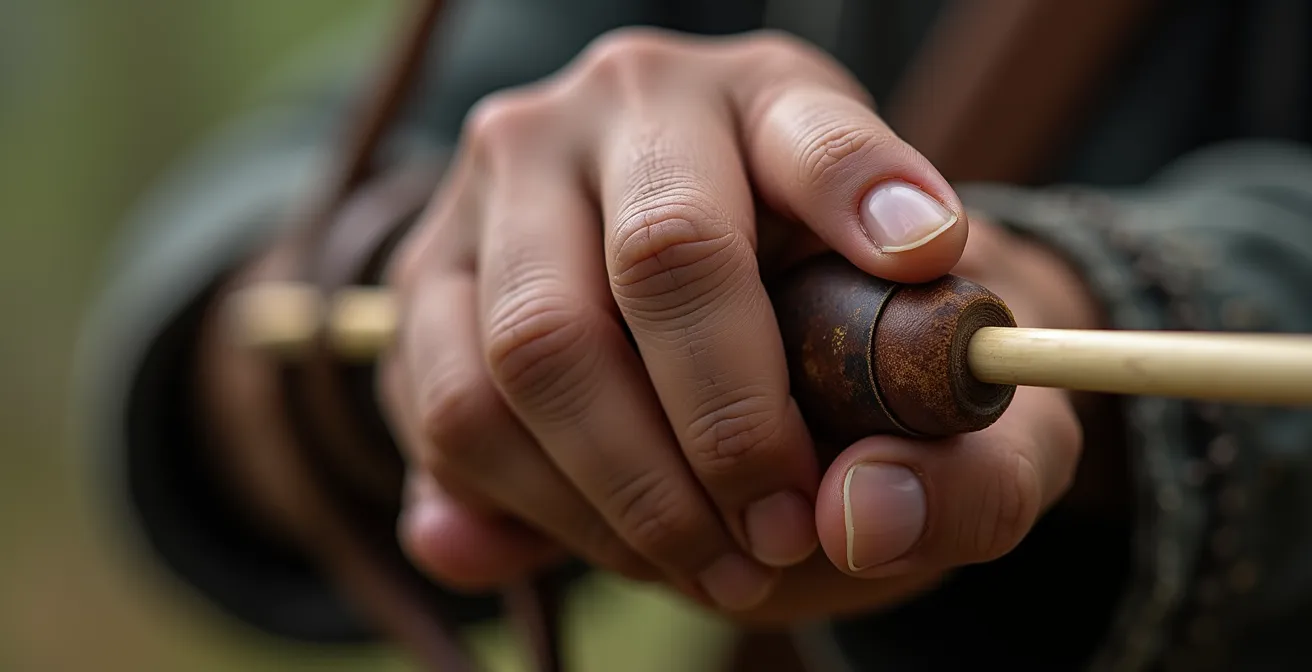 Gros plan sur la main d'un archer montrant la technique de décoche au pouce avec bague traditionnelle