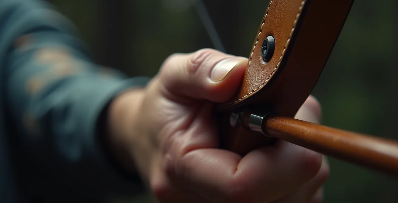 Vue macro sur la main de corde d'un archer montrant les micro-variations de position