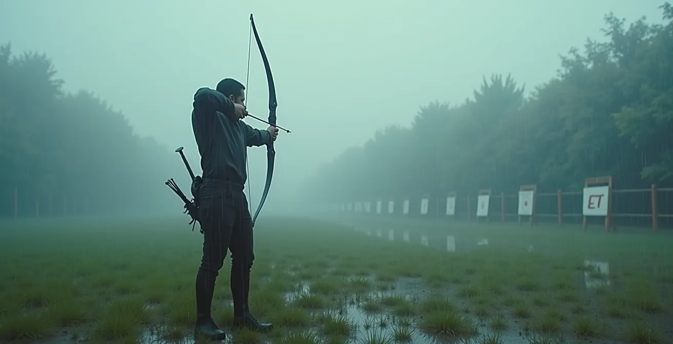 Archer sous la pluie en compétition extérieure, concentration intense malgré les conditions
