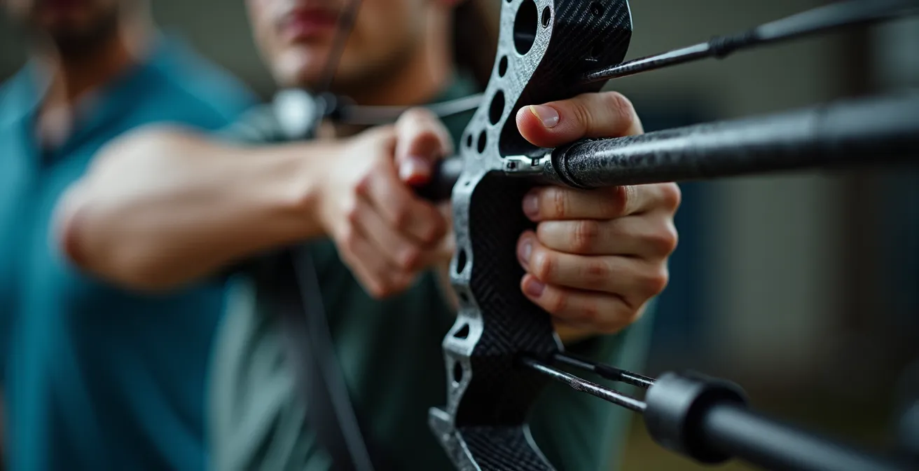 Gros plan sur la main d'un archer tenant son arc avec stabilisateurs visibles