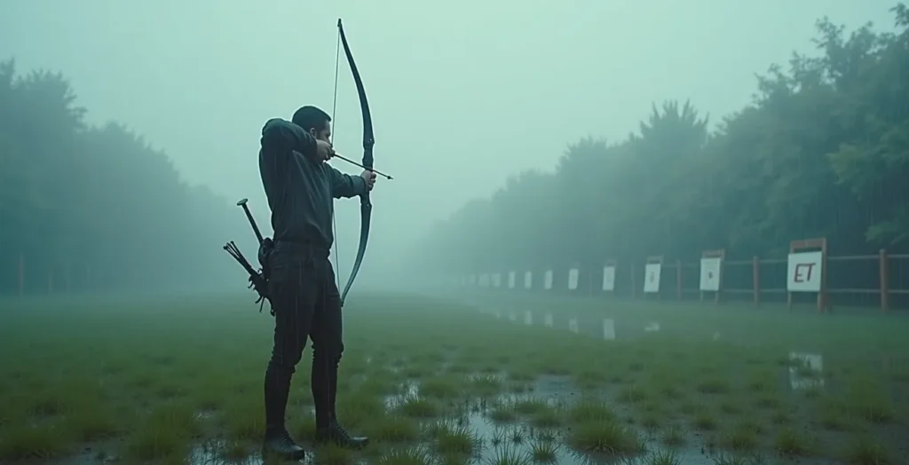 Archer sous la pluie en compétition extérieure, concentration intense malgré les conditions